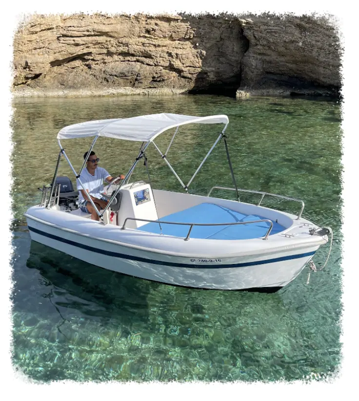 Sunset view of a rental boat on the waters of Ibiza